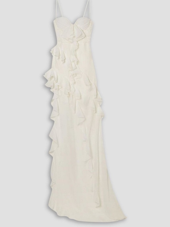 Dresses & Skirts - Elegant White Ruffled Spaghetti-Strap Evening Dress